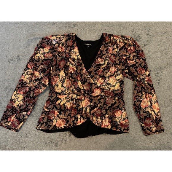 Express Tops - Express Womens Metallic Gold Floral Peplum Wrap Blouse Puff Sleeve V-Neck Large